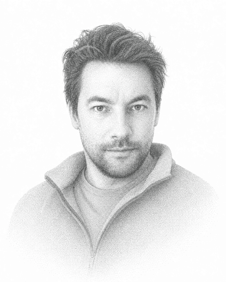 Robin Miklinski, drawn in stipple and dissolving into a field of data points.